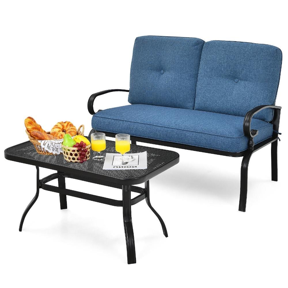 2 Piece Outdoor Patio Loveseat Bench Furniture Set, Metal Garden Bench w/ Cushioned Seats & Honeycomb Coffee Table, Blue price history on PriceWatchPro