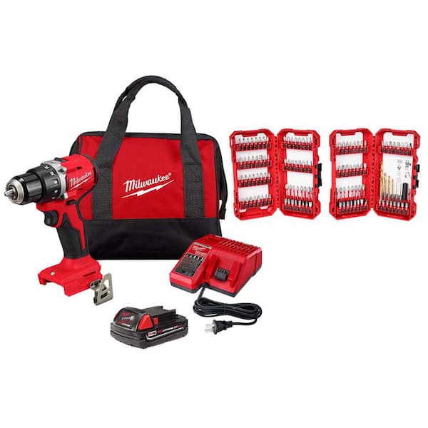 Milwaukee M18 18V Lithium-Ion Brushless Cordless Compact Drill/Driver w/One 2.0 Ah Battery, Charger & Bit Set (120-Piece)