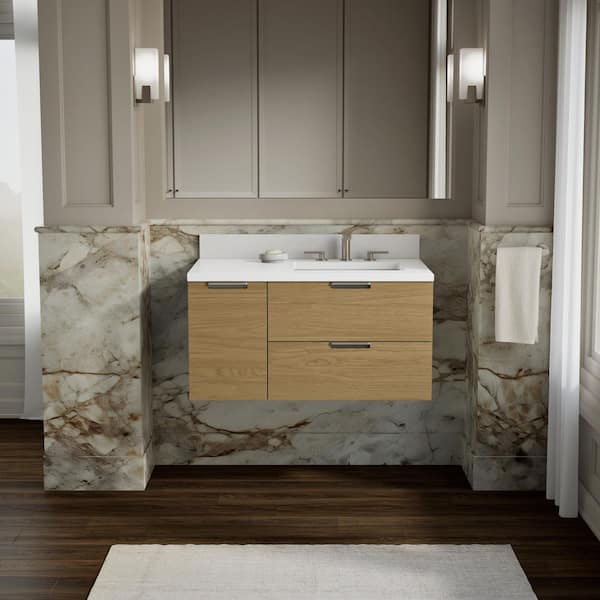Maxstow 36 in. Single SinkWall-Hung Bathroom Vanity Cabinet with Sink and Quartz Top in Light Oak