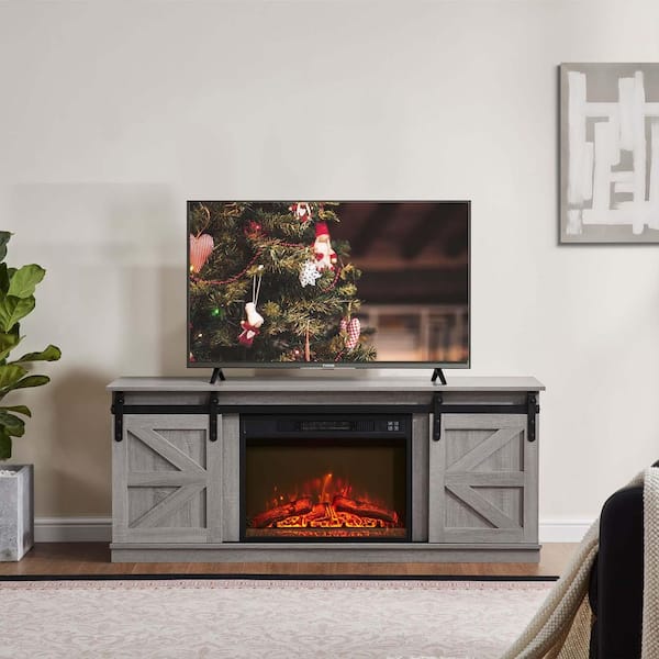 58 in. W Freestanding Electric Fireplace TV Stand with Farmhouse Sliding Barn Doors in Grey