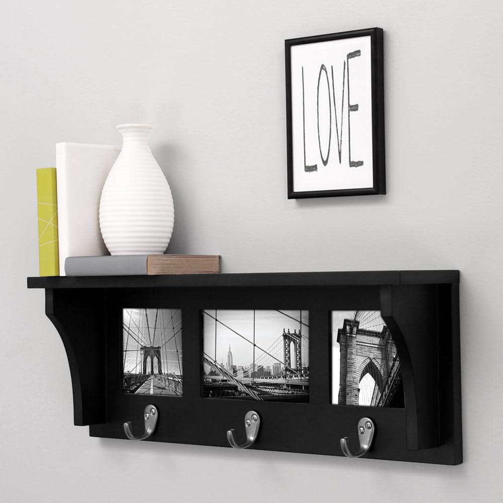 Black MDF Wall Shelf with Hooks and Photo Frames
