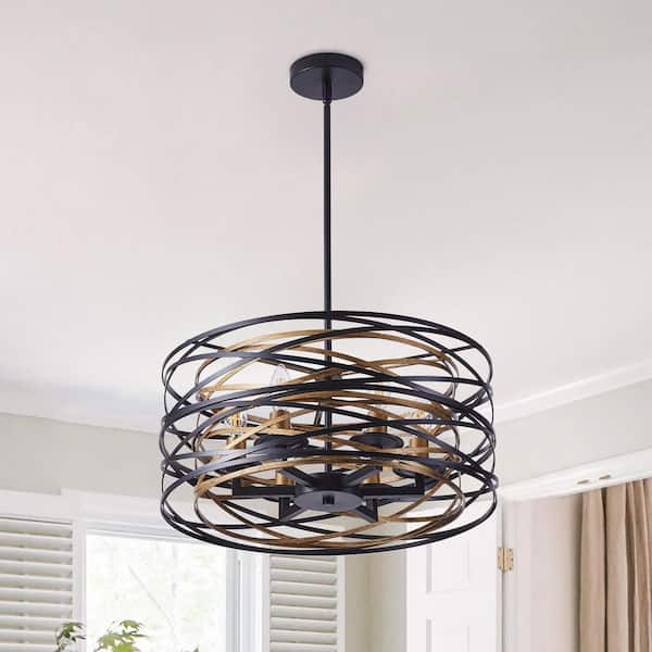 aiwen Industrial 6-Light Drum Black Cage Chandelier Farmhouse Metal Hanging Light Fixture