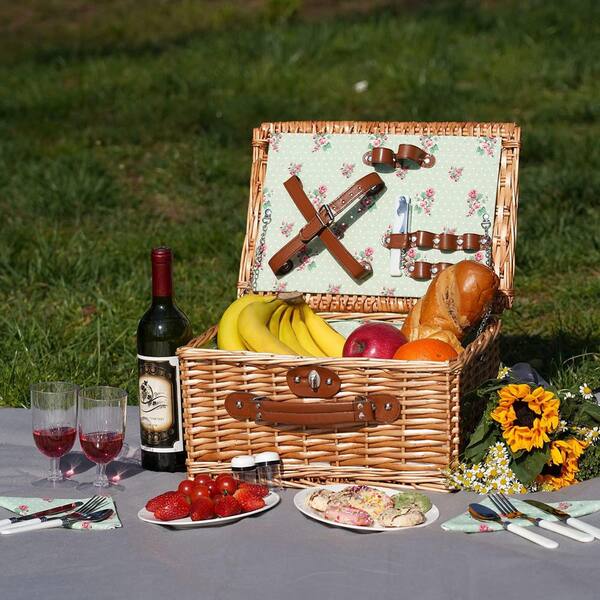 2 Person Picnic Basket Durable Wicker Picnic Hamper Set Willow Picnic Basket Accessories Plates