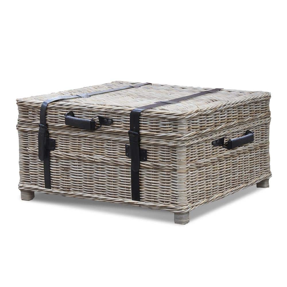 Gray Wicker Rectangular Coffee Table Trunk with Leather Accents
