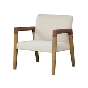 Hudson 30 in. Natural Flax Upholstered Accent Chair with Arms Wrapped in Chestnut Brown Faux Leather (Set of 2)