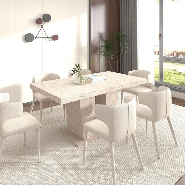 Beige Wood 78.74 in. Pedestal Base Dining Table Seats 6