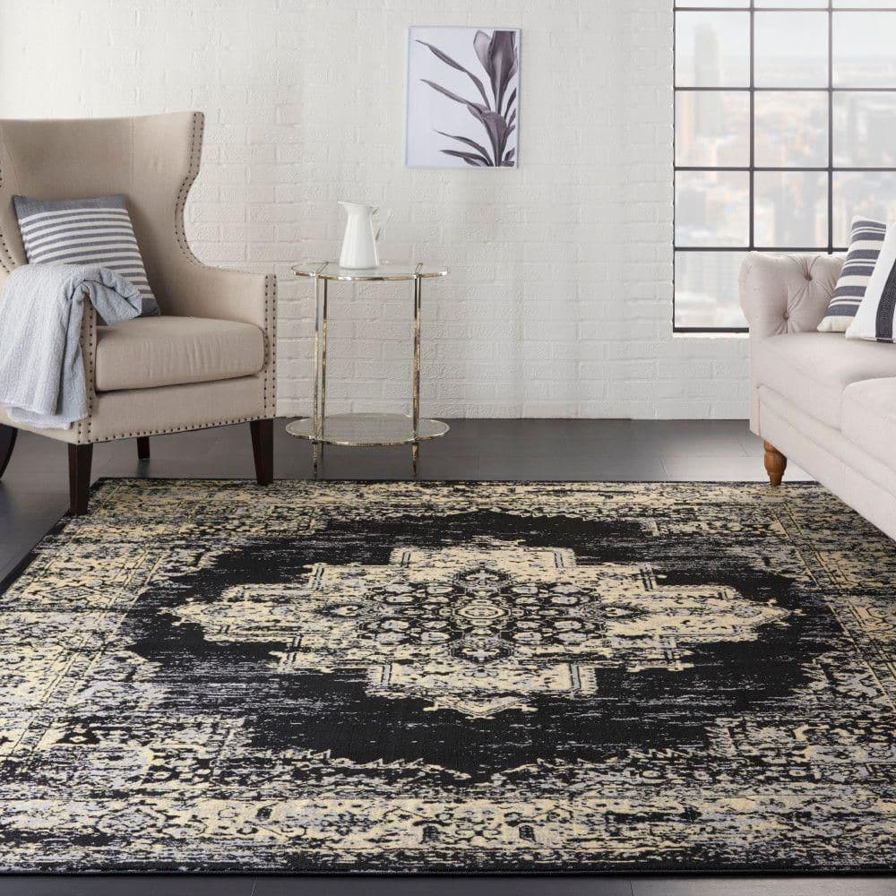 Black and Cream Synthetic Medallion Rectangular Area Rug 7' x 10'