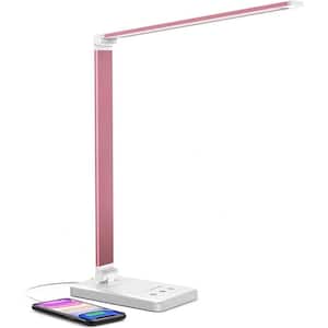 Pink Dimmable Integrated LED Desk Table Reading Lamp with USB Charging Port, 5 Lighting Modes and Auto-Off Timer