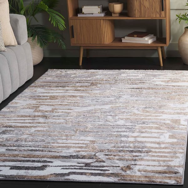Maya 7 ft. x 7 ft. Ivory/Gray Beige Abstract Striped Square Area Rug