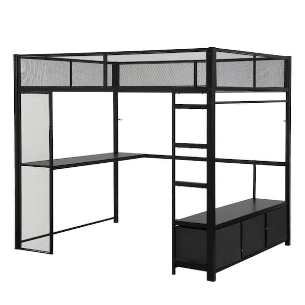 Black Full Size Wood Loft Bed with Desk, LED Light, Drawers and Open Wardrobe