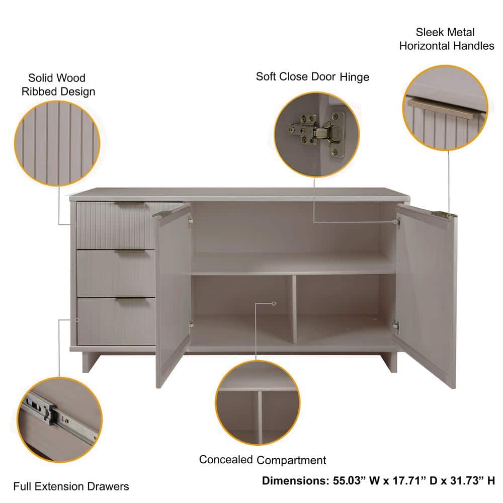 Granville Light Grey 55" Modern 3 Drawer Buffet Sideboard