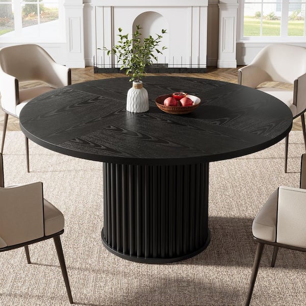 Alan 47 in. Round Black Engineered Wood Pedestal Dining Table Seats 4, Modern Dinner Kitchen Table with Fluted Base