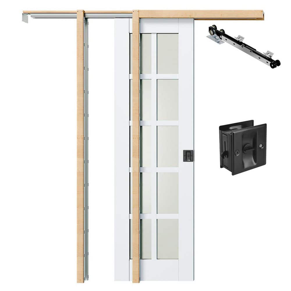 56 in. x 80 in. White Primed Wood 10 Lite Frosted Glass Double Sliding Pocket Door with Frame, Black Lock and Soft Close price history on PriceWatchPro