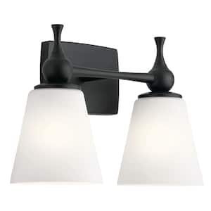 Cosabella 15 in. 2-Light Black Contemporary Bathroom Vanity Light with Satin Etched Cased Opal Glass