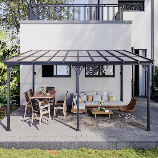Sizzim 16 ft. x 12 ft. Outdoor Polycarbonate Patio Covers Wall-Mounted Gazebo Pergola for Decks, Backyard, Black Frame