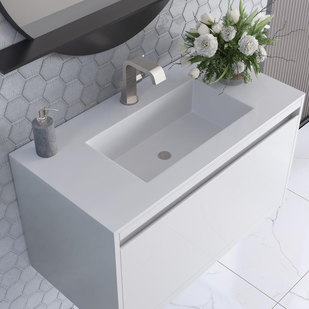 Glossy White 35.4" Wall-Mount Single Bathroom Vanity with Mineral Composite Sink