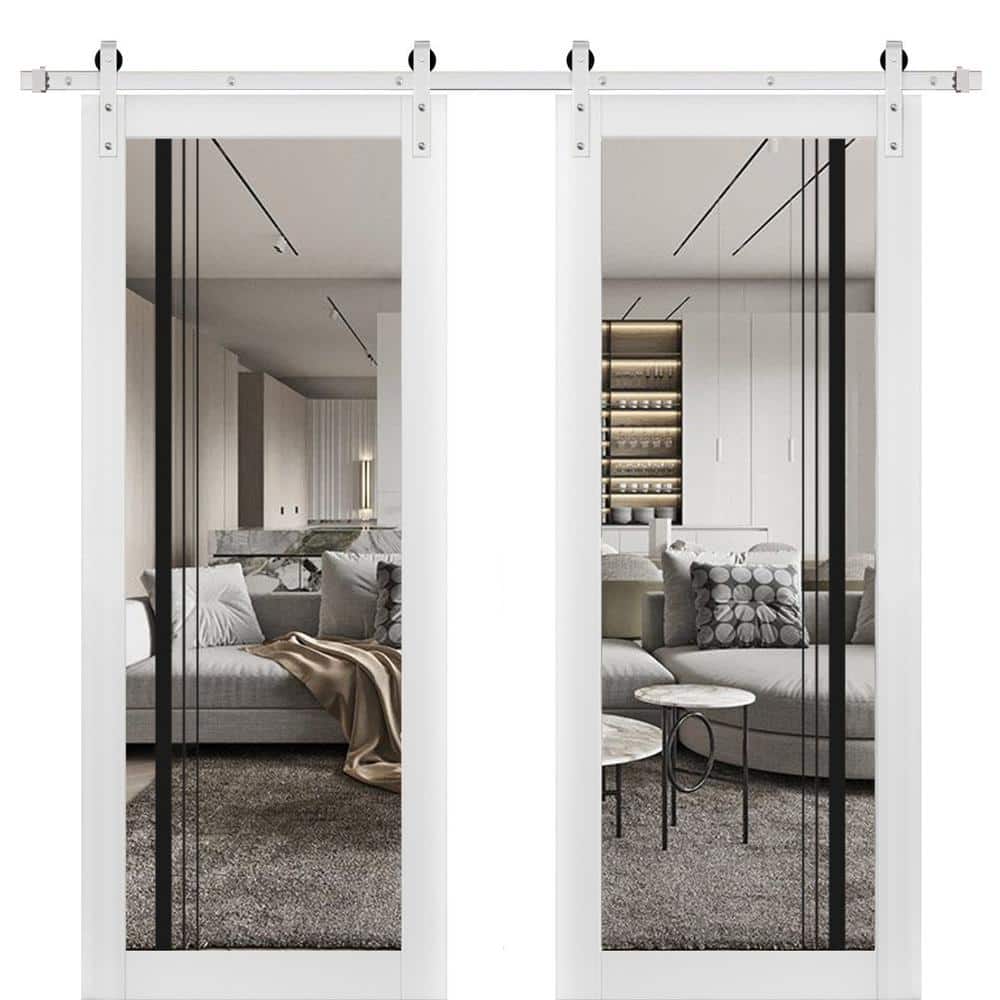 Assemble Required 30 in. x 96 in. 2-Panel Clear Glass White Solid Wood Sliding Barn Door with Hardware Kit price history on PriceWatchPro