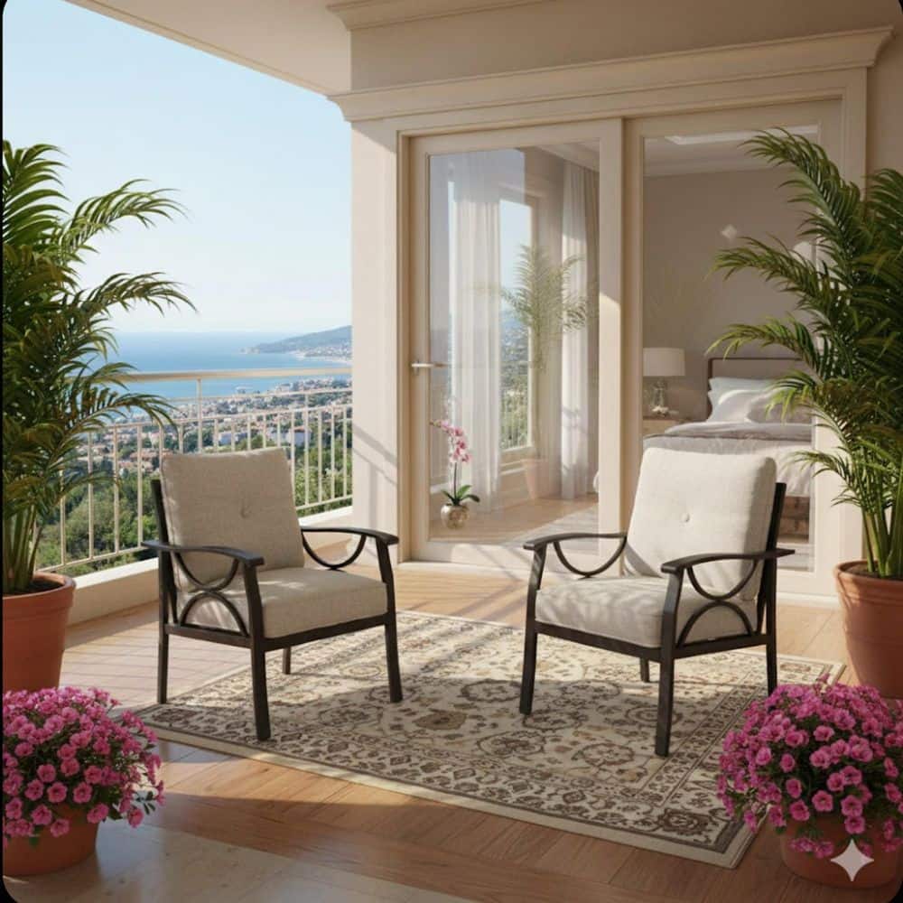 Khaki Powder-Coated Steel Frame with Plush Cushions and Ergonomic Armrests Outdoor Lounge Chair (Set of 2) in Beige price history on PriceWatchPro