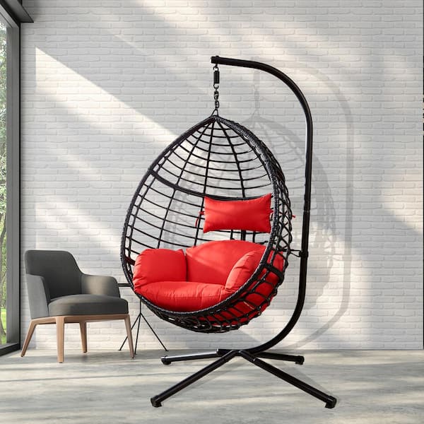 Afoxsos 37.4 in. W x 37.4 in. D x 76.77 in. H Black Steel Patio Swing Egg Chair with Stand and Red Cushion