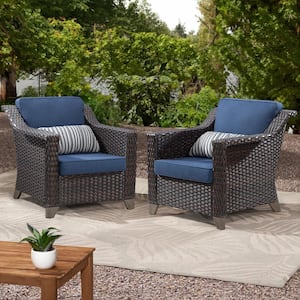 Patio Wicker Outdoor Lounge Chair with Thick Deep Blue Cushions (2-Piece)