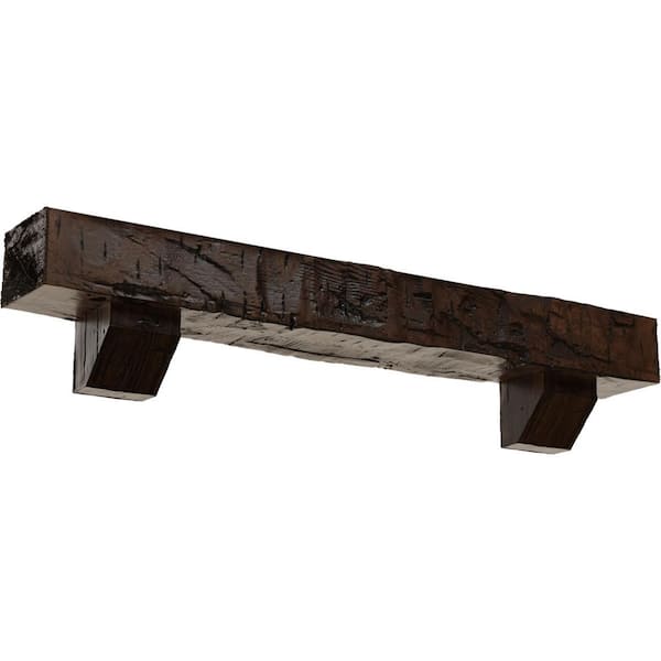 Ekena Millwork 4 in. x 4 in. x 5 ft. Hand Hewn Faux Wood Fireplace Mantel Kit with Ashford Corbels, Premium Aged