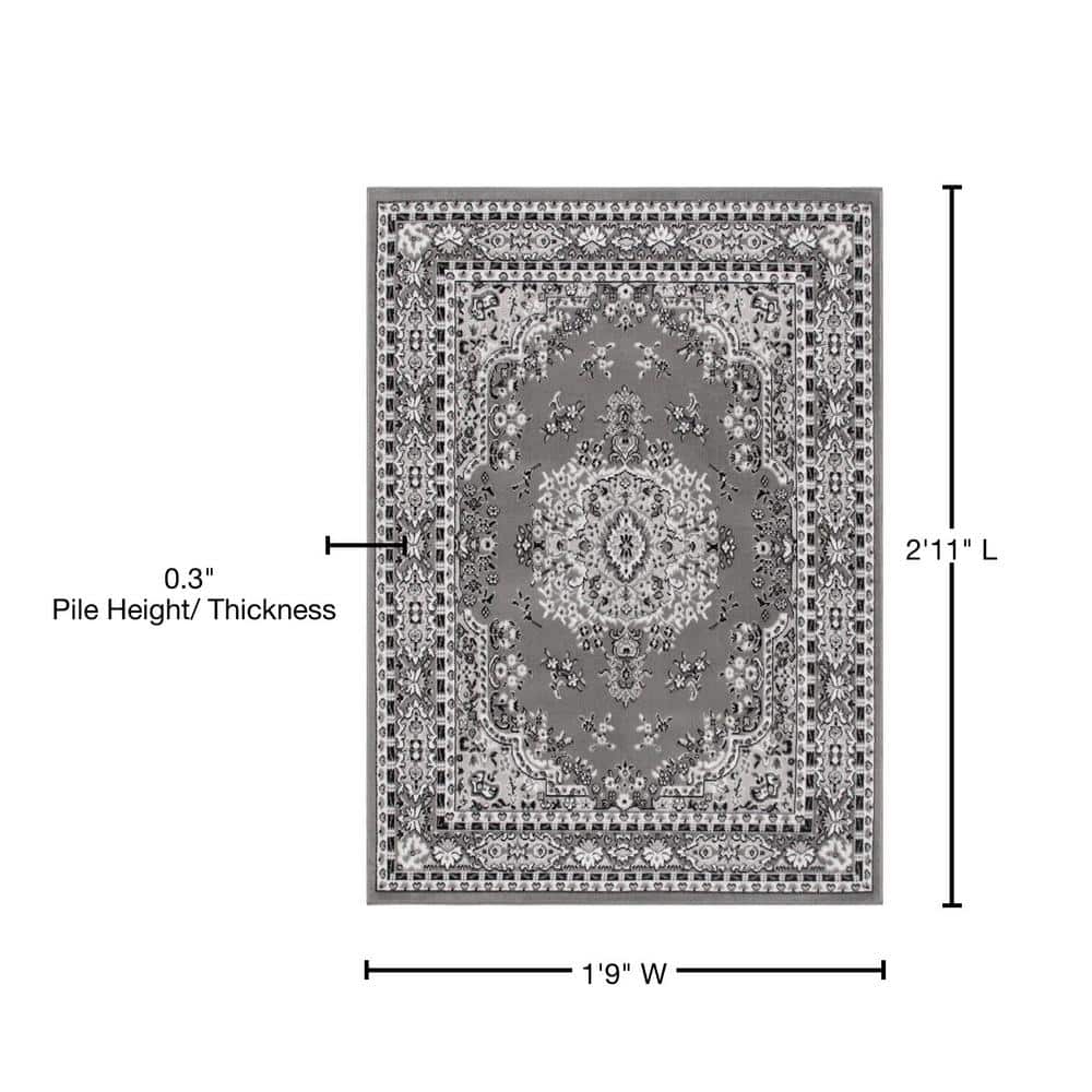Gray Synthetic Stain-Resistant Traditional Medallion Area Rug