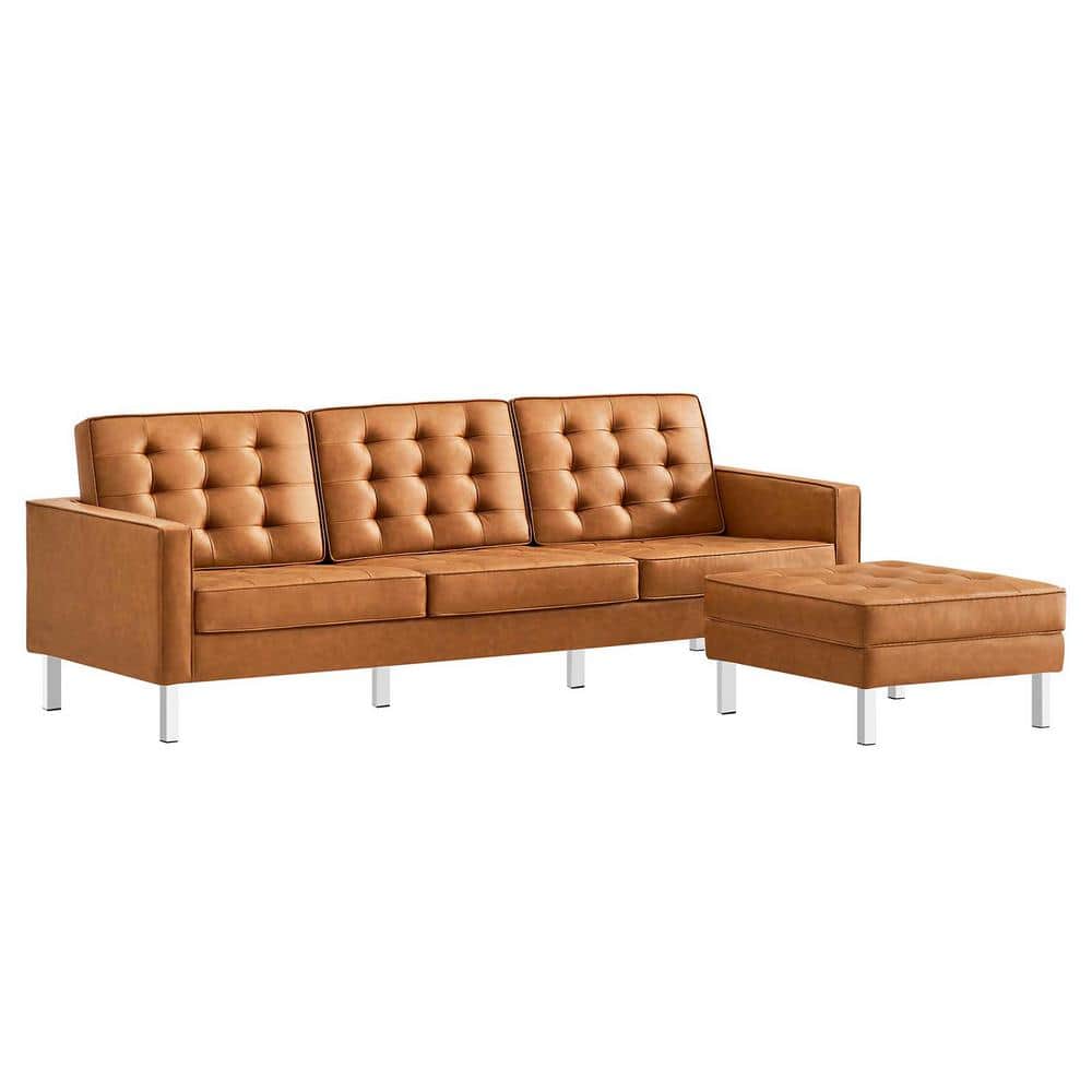 Loft Tufted Faux Leather Sofa and Ottoman Set in Silver Tan