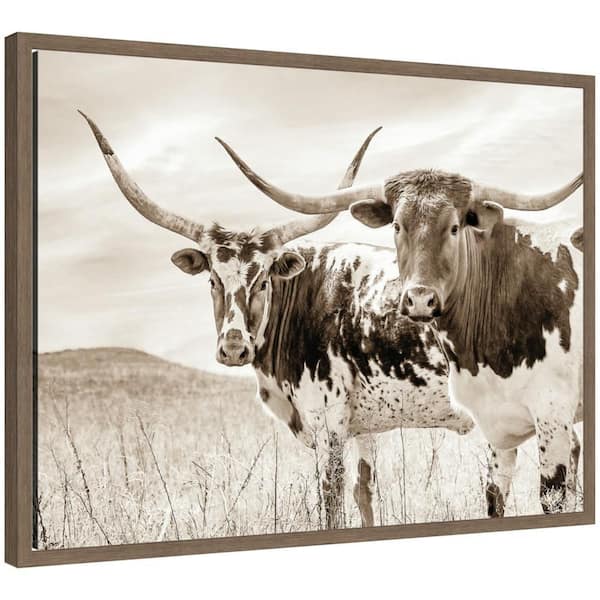 Sylvie "Sepia Texas Longhorn Cattle in Pasture" by The Creative Bunch Studio Animals Framed Art Print 18 in. x 24 in.