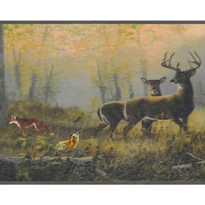 Falkirk Dandy Grey, Red, Yellow Deer, Fox in the Forest Nature Peel and Stick Wallpaper Border