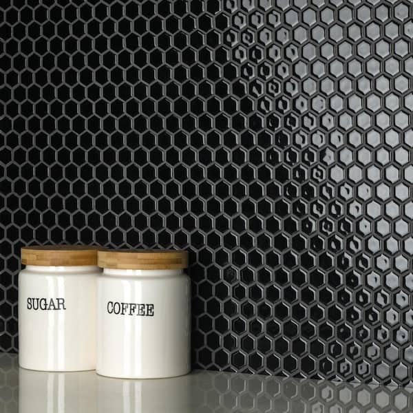 Hudson 1 in. Hex Glossy Black 11-7/8 in. x 13-1/4 in. Porcelain Mosaic Tile (11.2 sq. ft./Case)