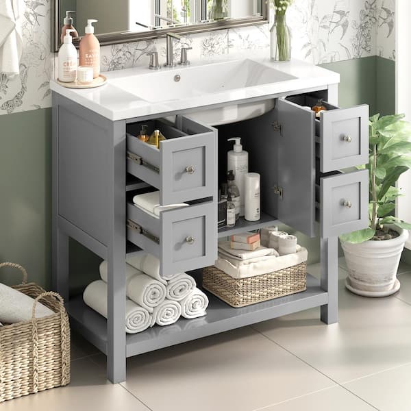 Unbranded 36 in. W x 18 in. D x 34 in. H Freestanding Bath Vanity in Gray with White Cultured Marble Top