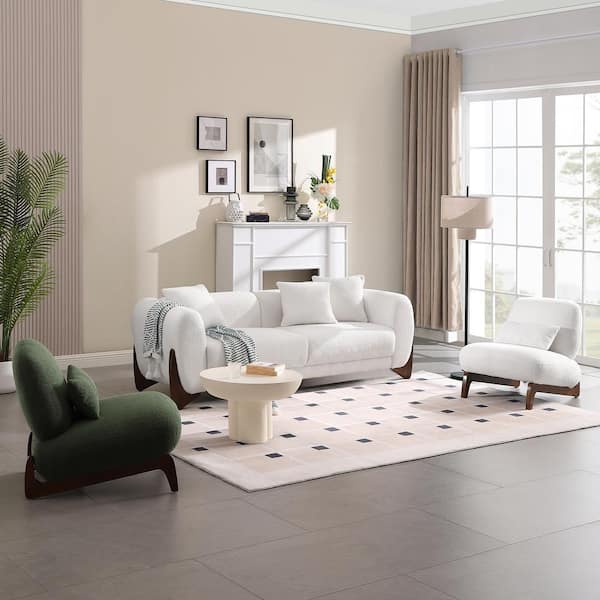 Morden Fort Luxury Cloud Couch 3-Piece White Teddy Velvet Sofa and Armless Chair Living Room Set for Apartment