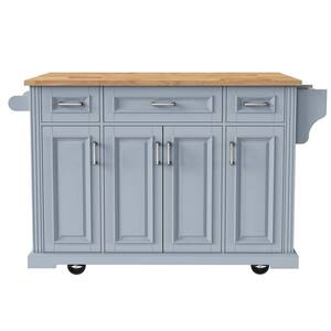 Blue Wood 54.1 in. Kitchen Island with 4-Doors and 3-Drawers Adjustable Shelf for Kitchen
