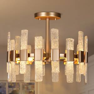 Modern Kitchen Ceiling Light, 14.2 in. 3-Light Gold Drum Cylinder Semi-Flush Mount with Ice Glass Strips