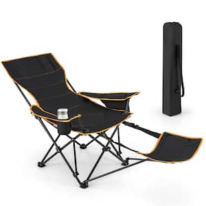 Portable Folding Outdoor Recliner Camping Chair with Removable Footrest and Adjustable Backrest Cup Holder in Black