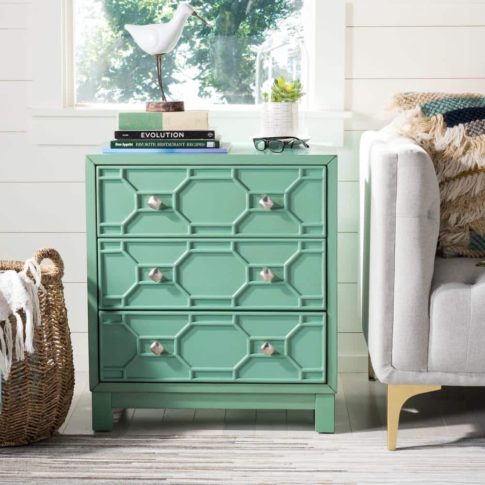 Transitional Turquoise Solid Rubberwood 3-Drawer Chest