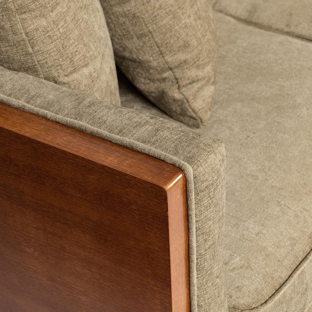 Dark Beige Fabric Tufted Loveseat with Walnut Frame and Accent Pillows