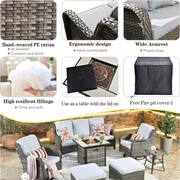 New Kenard Gray 7-Piece Wicker Patio Fire Pit Conversation Set with Gray Cushions and Swivel Rocking Chairs