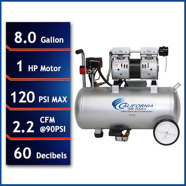 California Air Tools 8 Gal. 1 HP 120 PSI Ultra Quiet and Oil-Free Electric Horizontal Tank Air Compressor with Automatic Drain