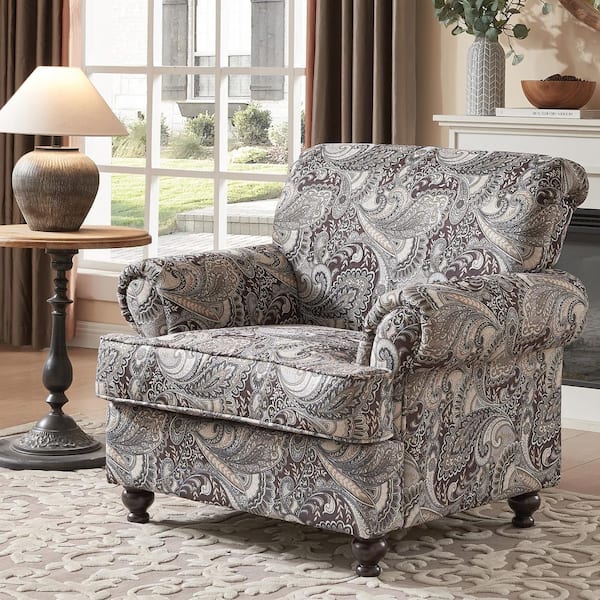 Classic Paisley Flora Chenille Accent Rolled Arm Chair with Thick Chusion for Living Room Club Chairs