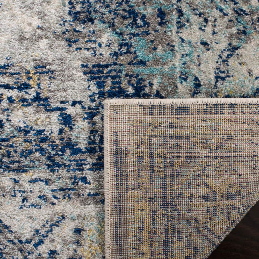 Light Grey and Blue Floral Motif Medium Pile Runner Rug