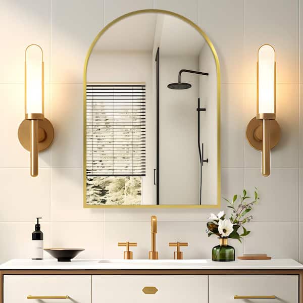 Dovelina 24 in. W x 36 in. H Arched Gold Recessed/Surface Mount Medicine Cabinet with Mirror