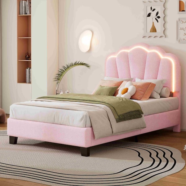 Pink Wood Frame Twin Size Upholstered Platform Bed with LED Light Strip Elegant Flowers Headboard