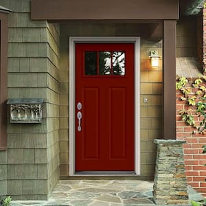 34 in. x 80 in. 3 Lite Craftsman Mesa Red Painted Steel Prehung Right-Hand Inswing Front Door w/Brickmould