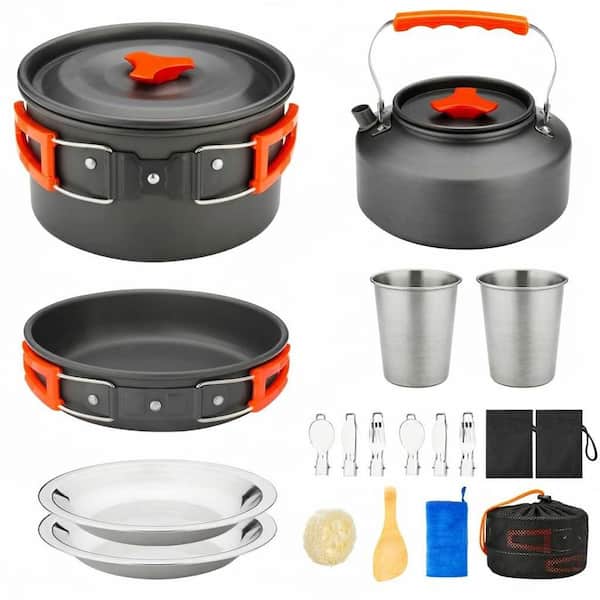 17-Piece Aluminum Cookware Set for Camping with Pot Pan Kettle Cups Plates Cutlery Kit