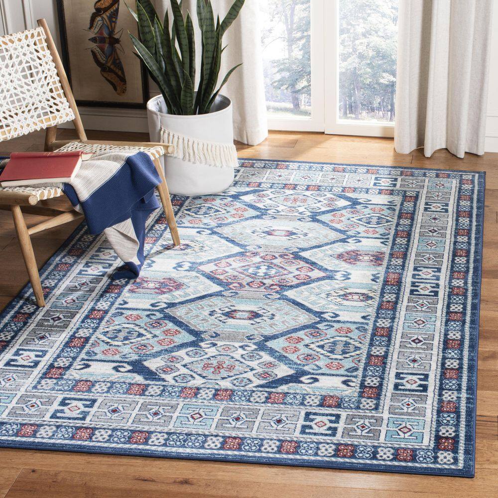 Palatial Blue & Grey Synthetic 80" Square Area Rug