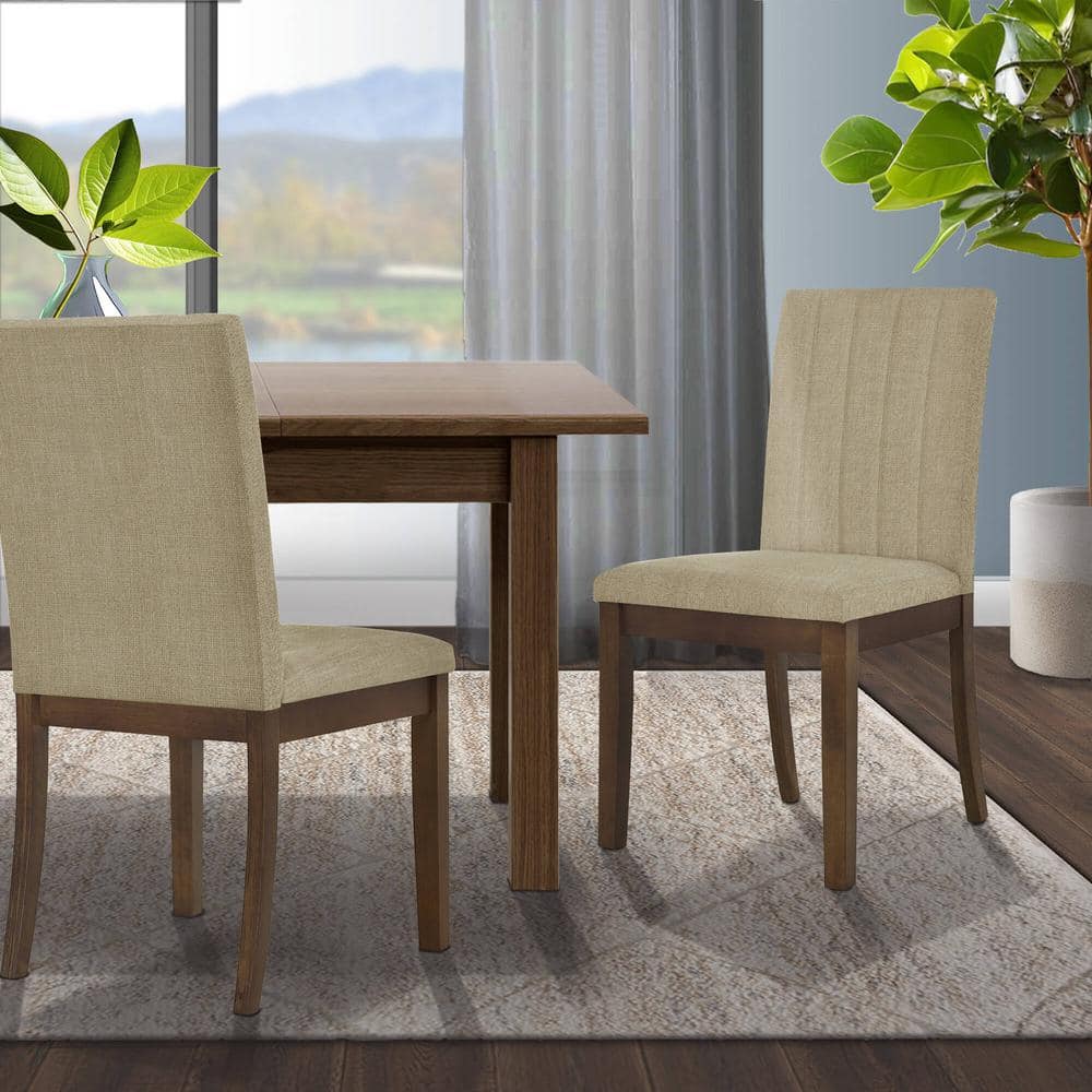 Taupe Linen Upholstered Parsons Side Chair with Wood Legs, Set of 2
