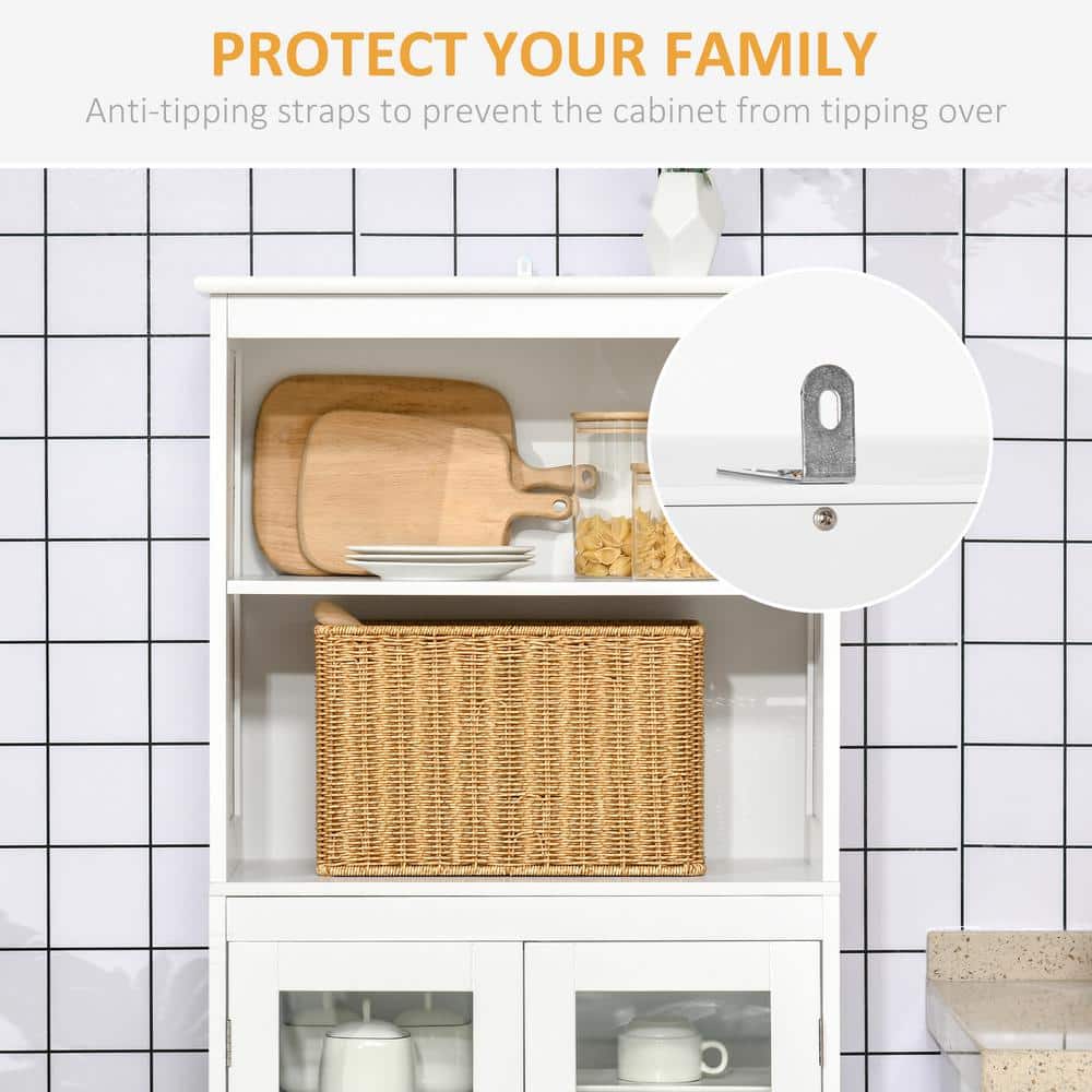 White 63" Freestanding Kitchen Pantry with Glass Doors