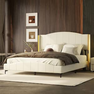 Channel Tufted Beige Wood Frame Queen PU Leather Upholstered Platform Bed with Wing Back, Gold Metal Bars, Extra Legs