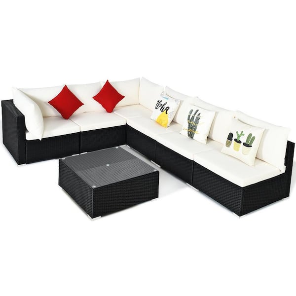 7 of Pieces Sectional Wicker Outdoor Sectional Set with White Cushions and Tempered Glass Top Coffee Table